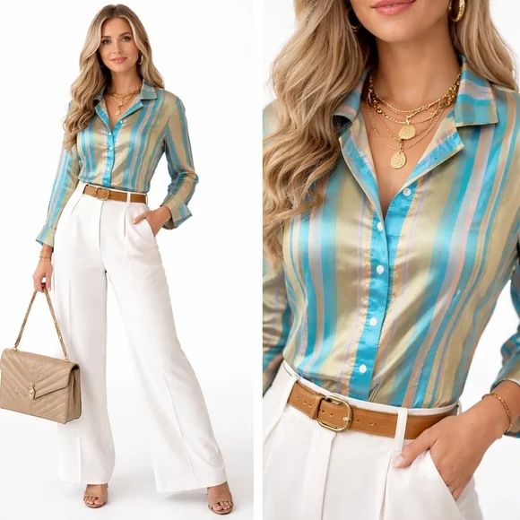 CARLISLE Silk Striped Button Down Blouse Jacket Vintage Office Classic Sz 6 Med - Picture 1 of 10